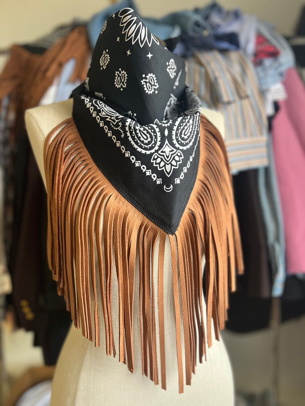 Desert Dusted Black Paisley Bandana Leather Brown Fringe Collar