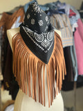 Desert Dusted Black Paisley Bandana Leather Brown Fringe Collar