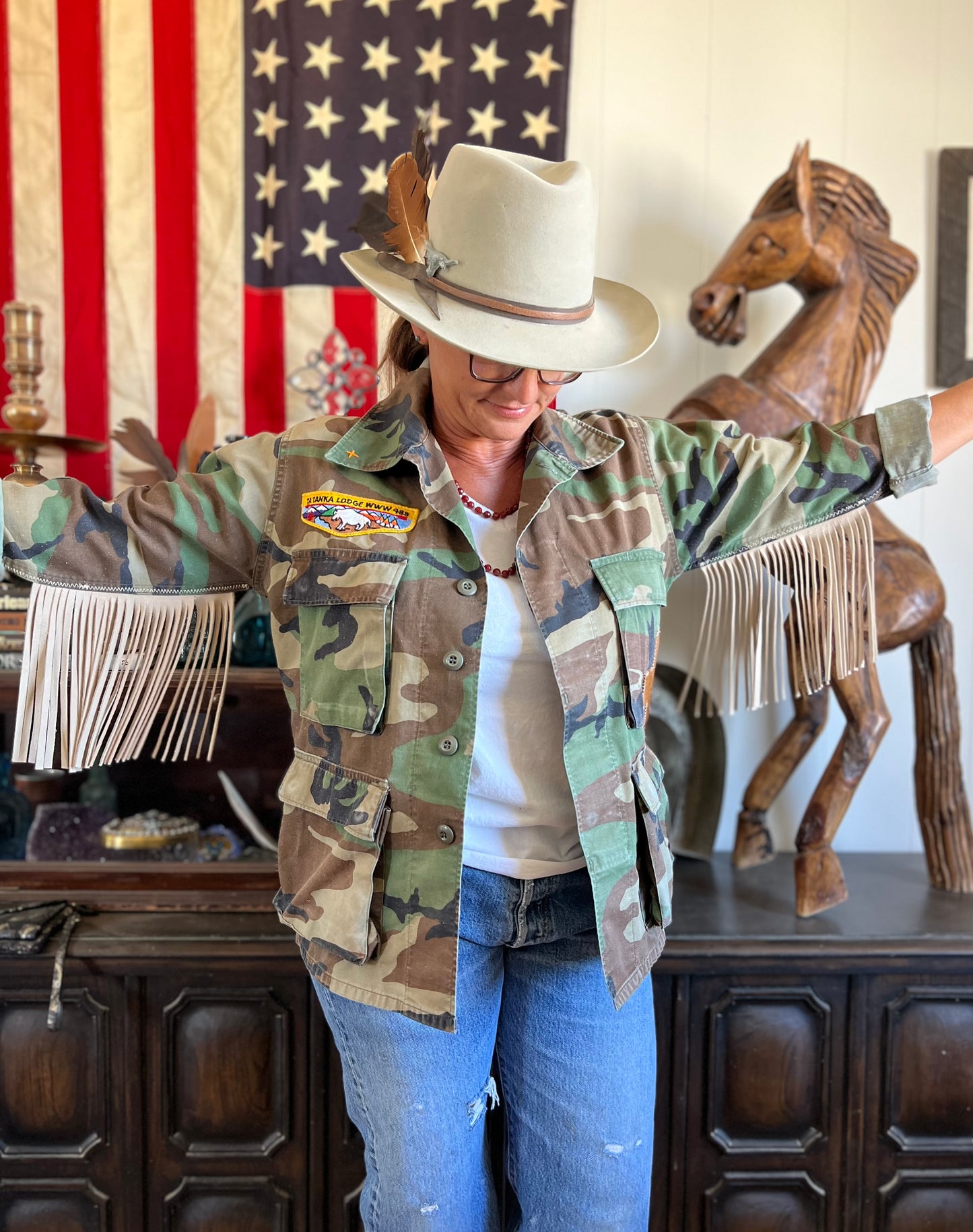 Salvaged Army Camo Fringe Jacket with Swiss Cross & Boys Scout patches