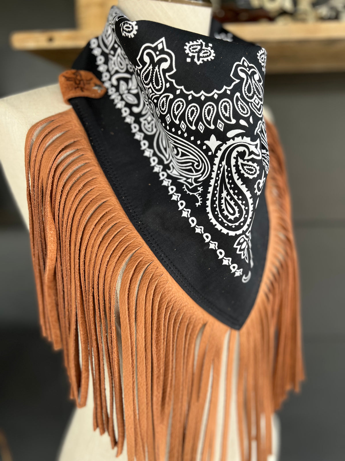 Mojave Drifter Black Paisley Bandana Leather Brown Fringe Collar