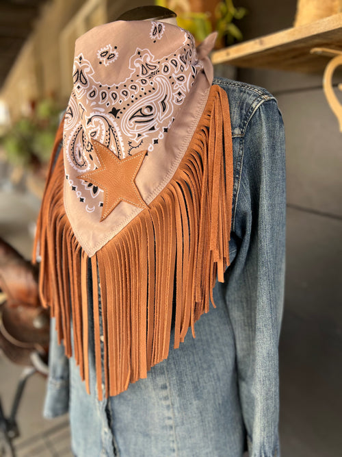 Desert Dusted Paisley Bandana Leather Black Fringe Star Collar