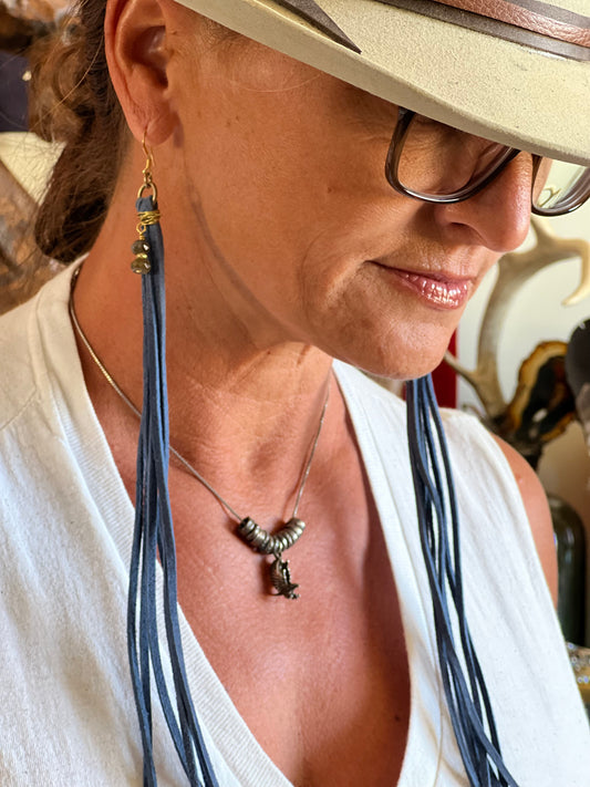 Denim Fringe & Labradorite Gemstone Dangle Earrings