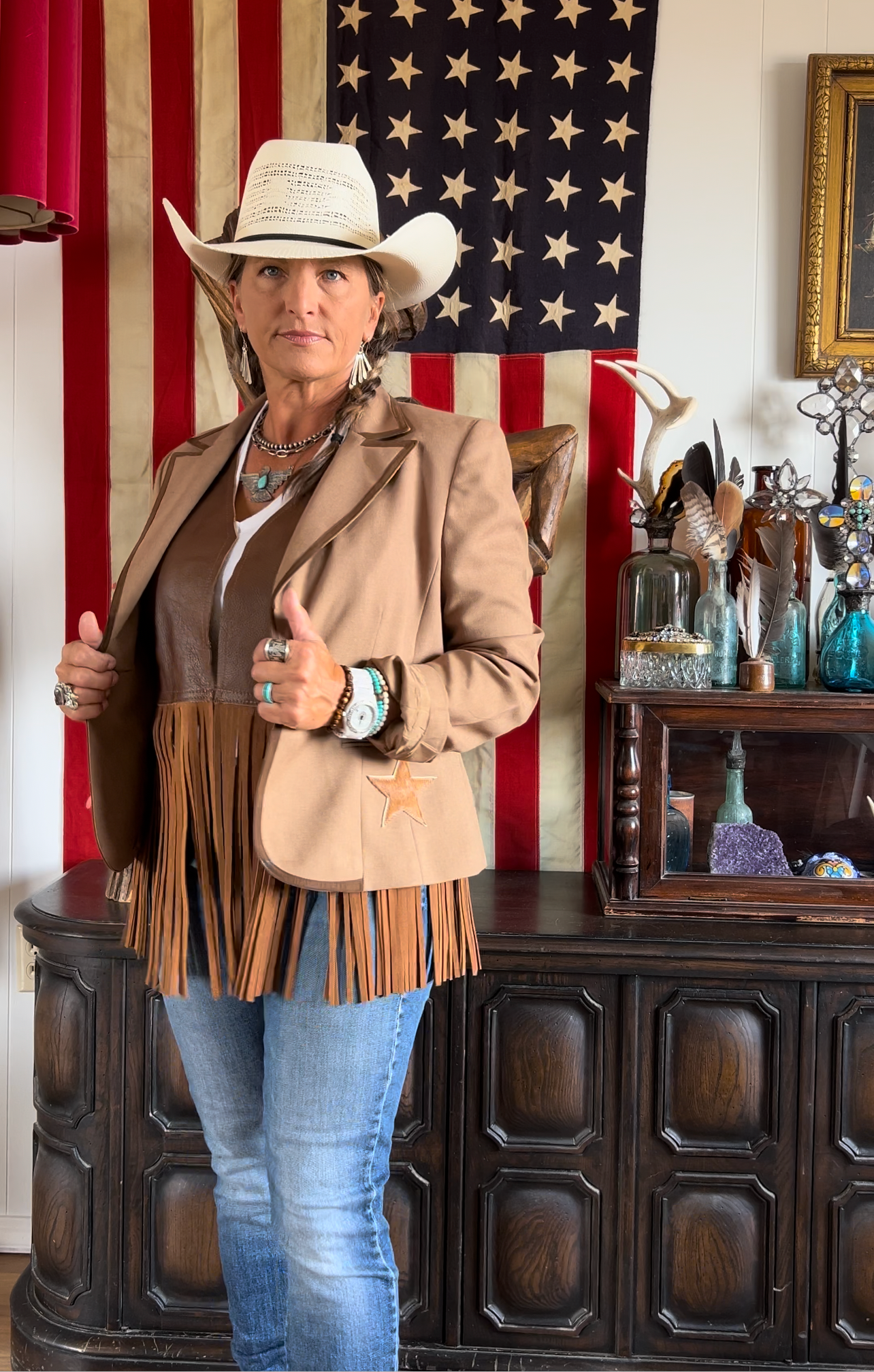 Tan Western I.E. Brand “DESERT BLAZER” with Ornate Leather Patchwork