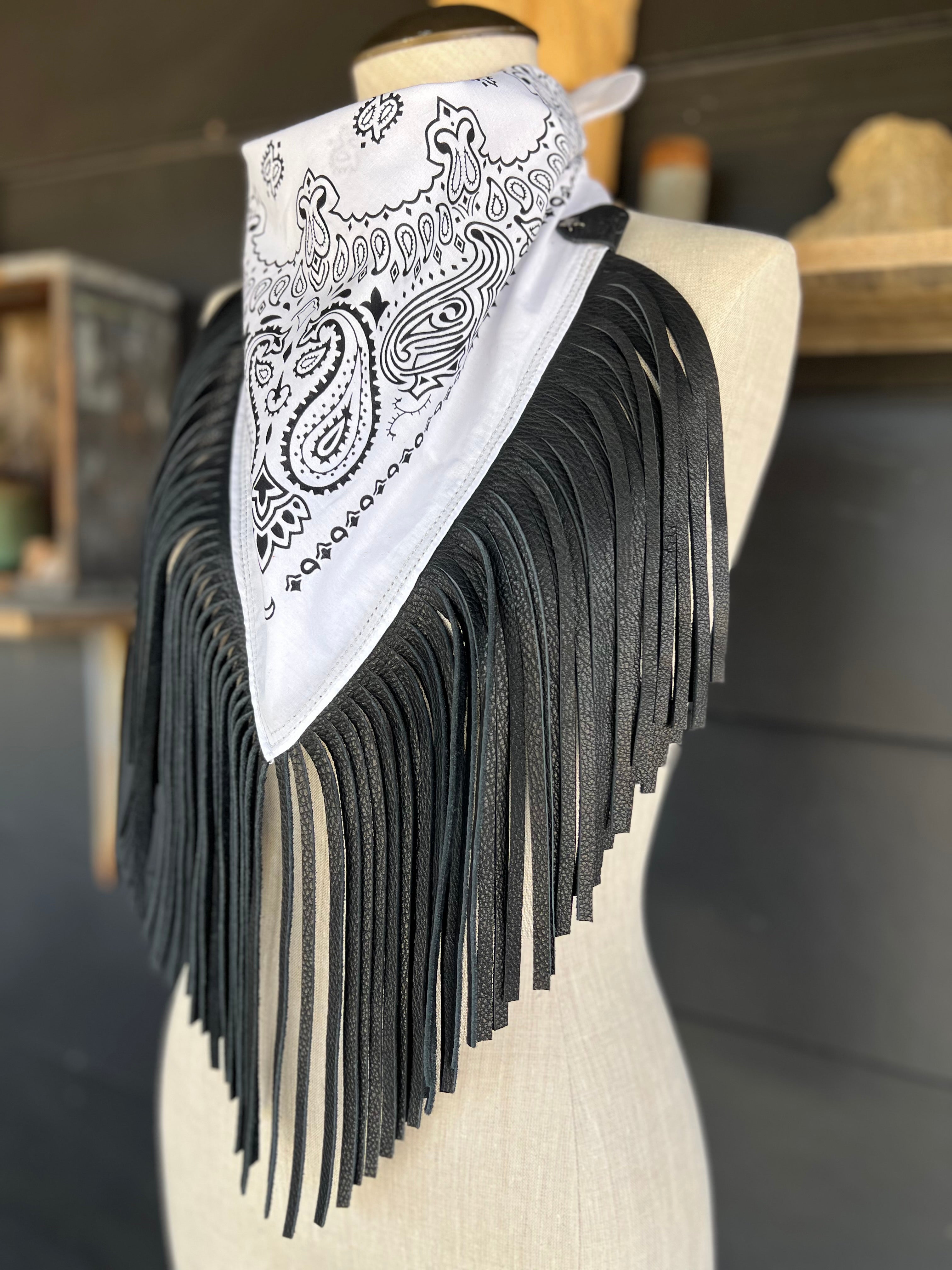 Desert Dusted Paisly Bandana Leather Black Fringe Collar
