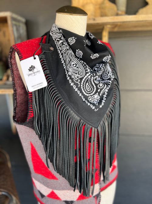 Desert Dusted Black Paisley Bandana Leather Black Fringe Collar