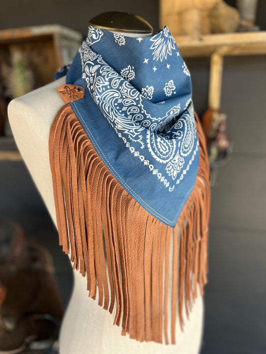 Desert Dusted Washed Blue Paisley Bandana Leather Fringe Collar