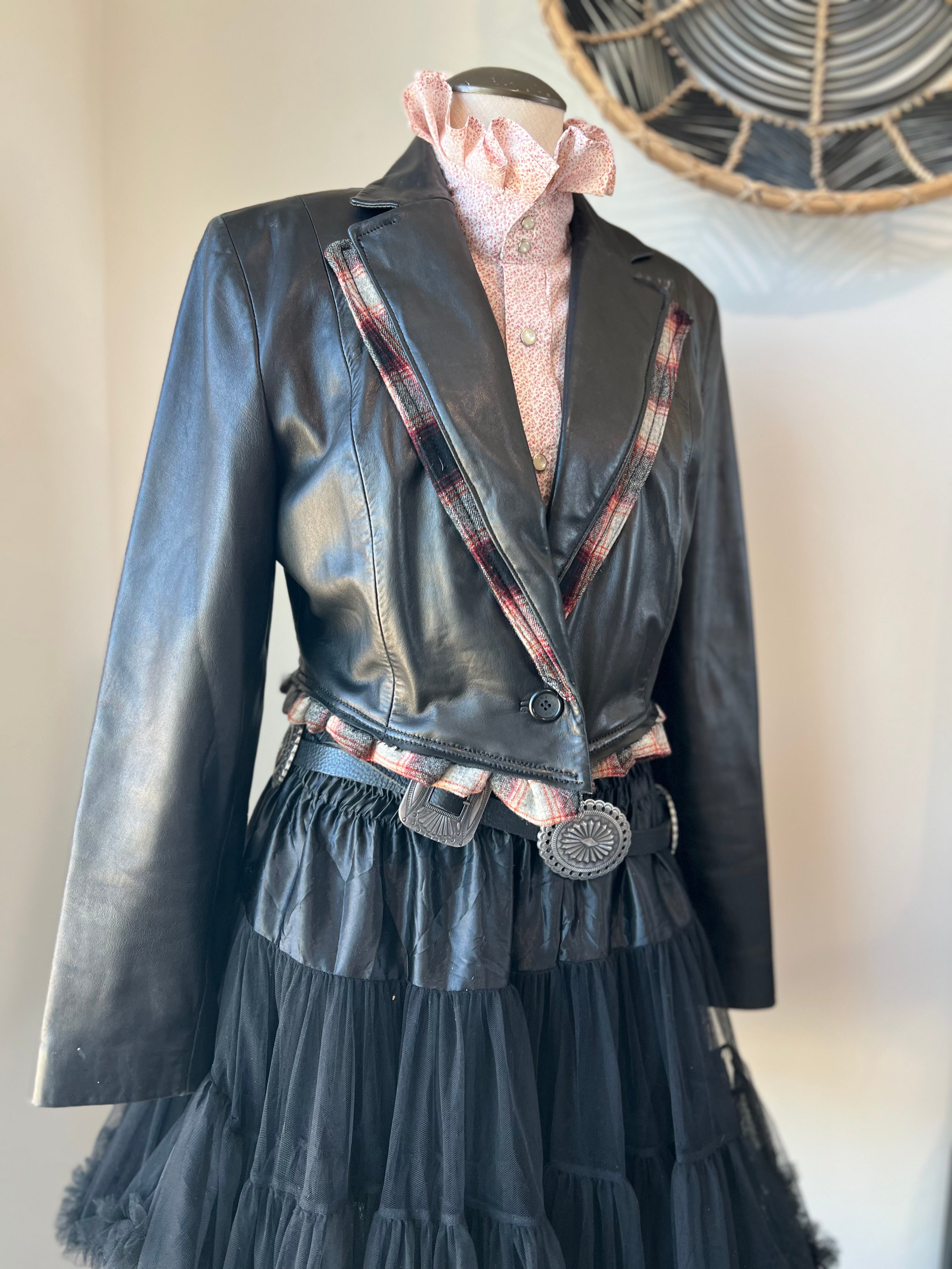 Dirty Mojave Desert Crop Black Leather Pendleton Trim Blazer