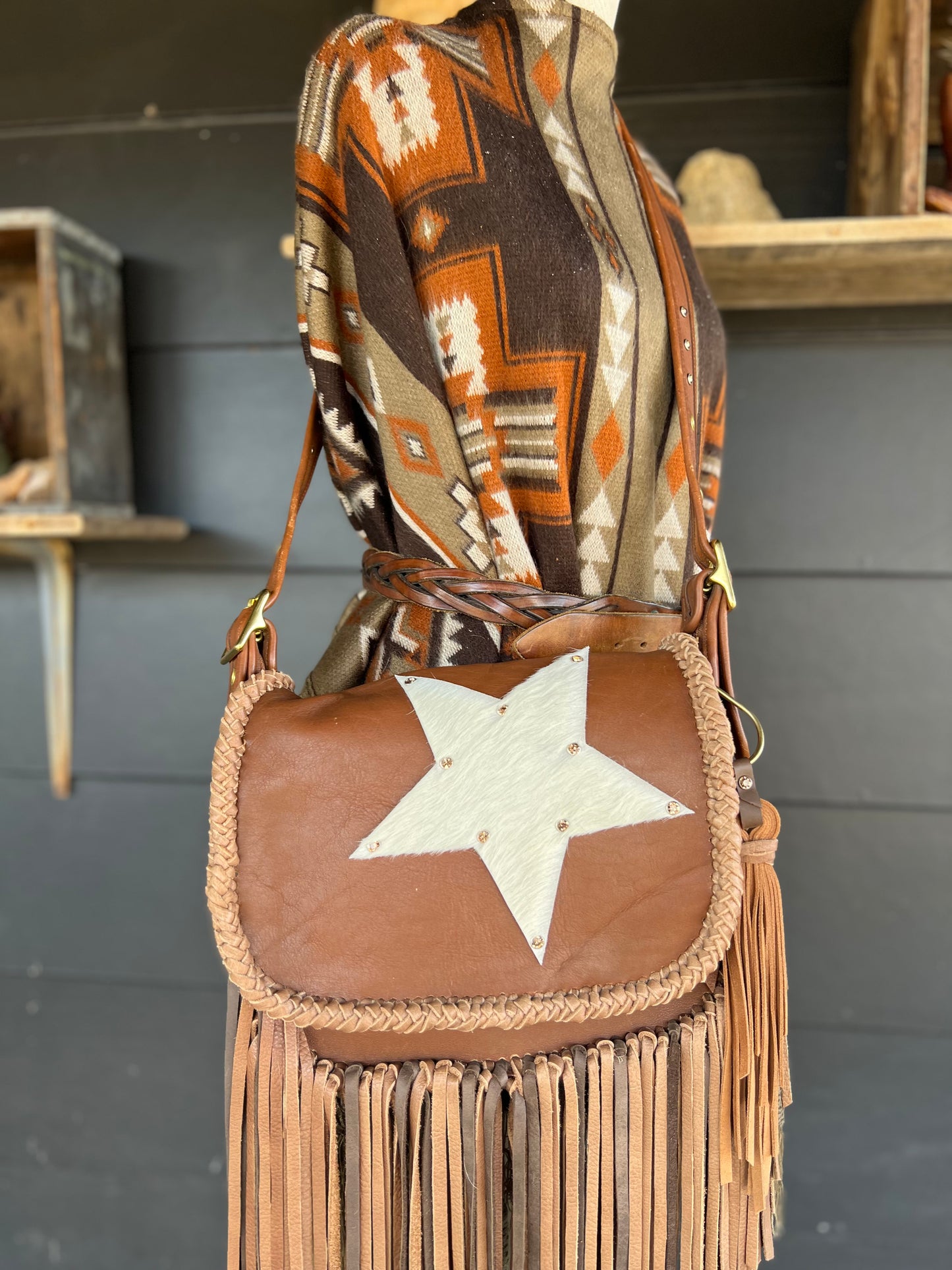 Vintage 90’s Coach Brown with Cream Star Western Fringe Crossbody Bag