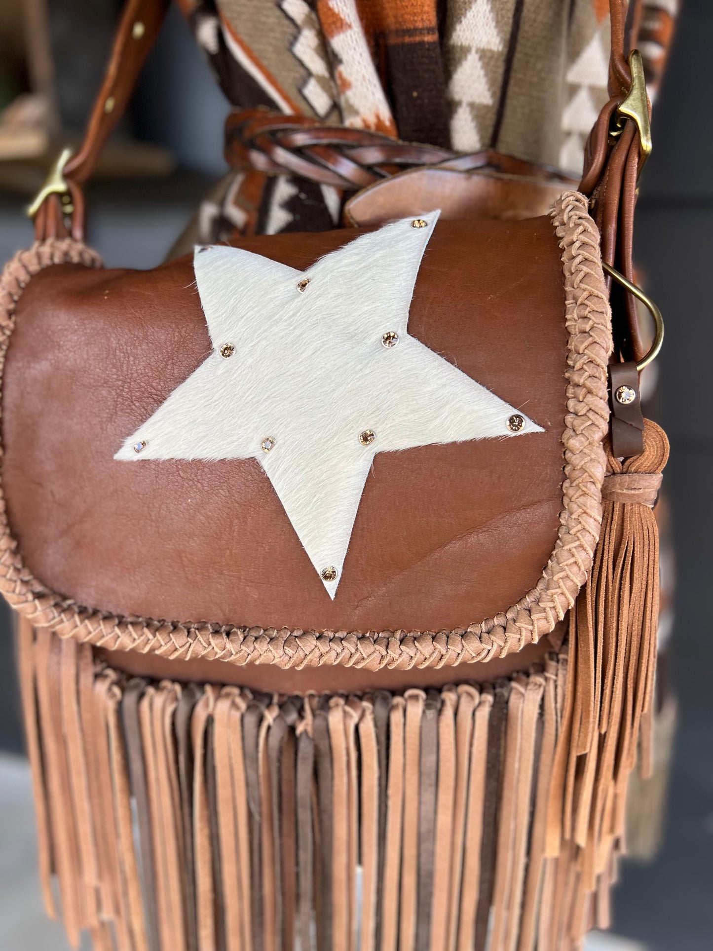 Vintage 90’s Coach Brown with Cream Star Western Fringe Crossbody Bag