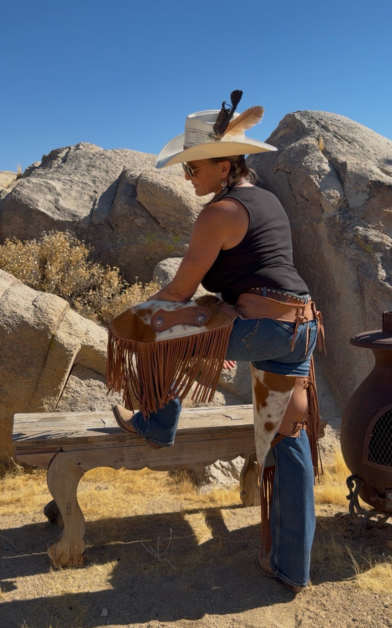 “The Prairie Cowhide Chinks” Leather Fringed Western Chinks