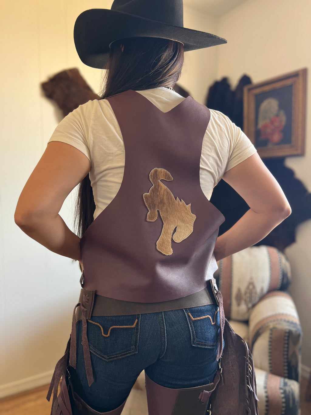 Wild Back Vests - Leather Fringe & Cowhide Statement - Bronco