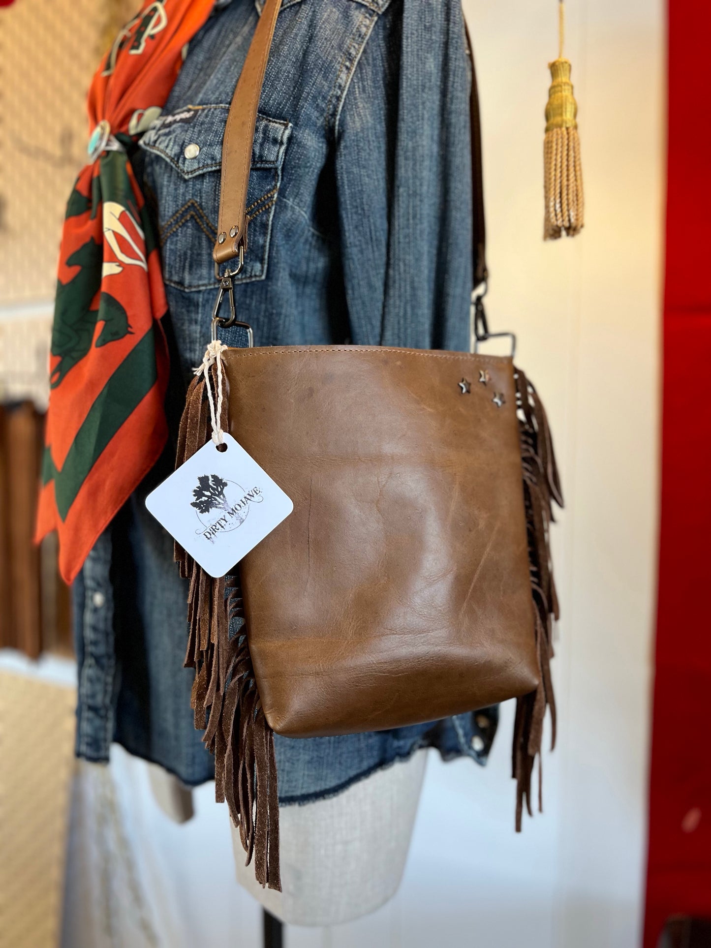 ARROW Leather Fringe Handbag with Plaid Liner