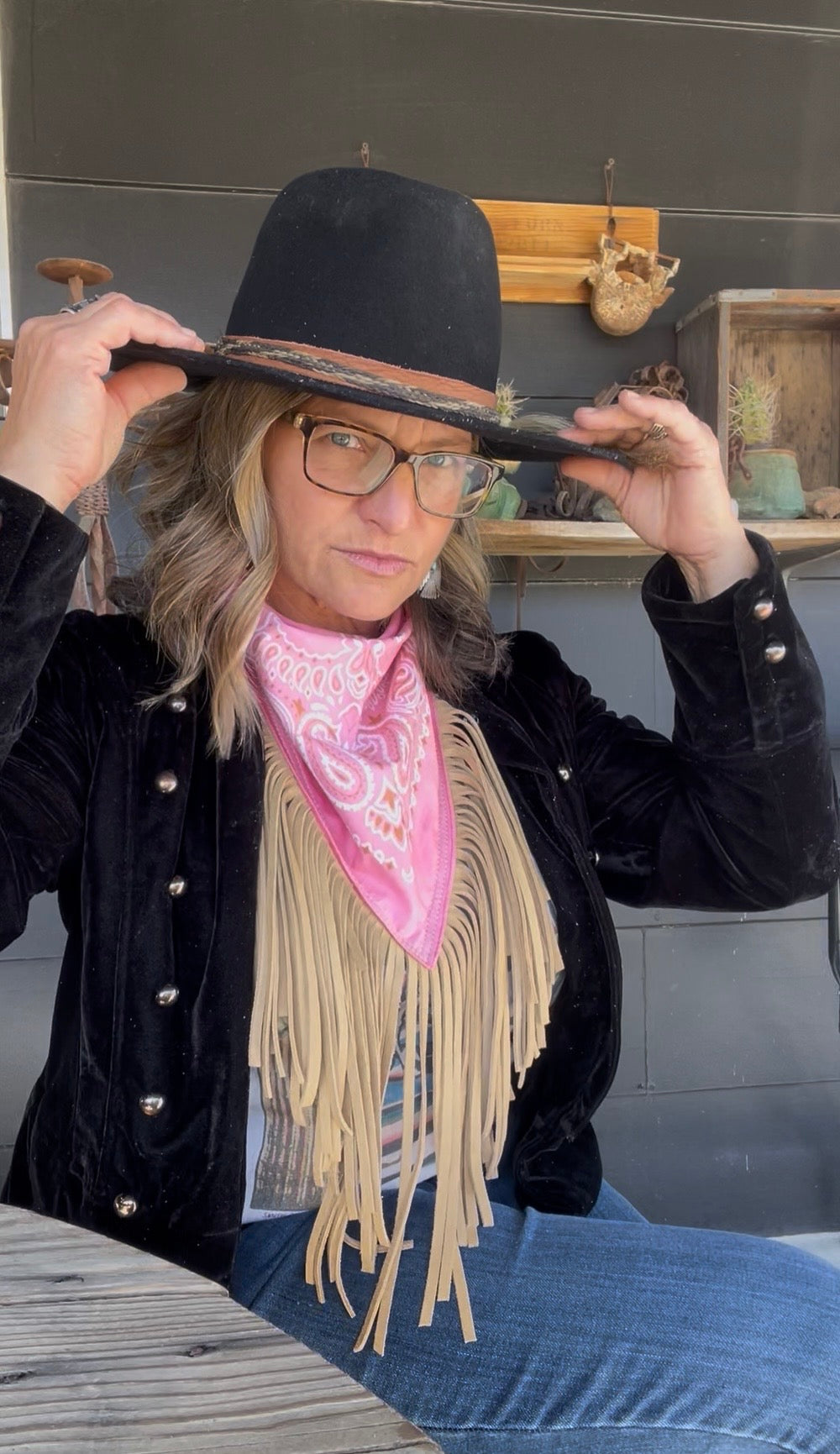 Desert Dusted Pink Bandana Tan Leather Fringe Collar