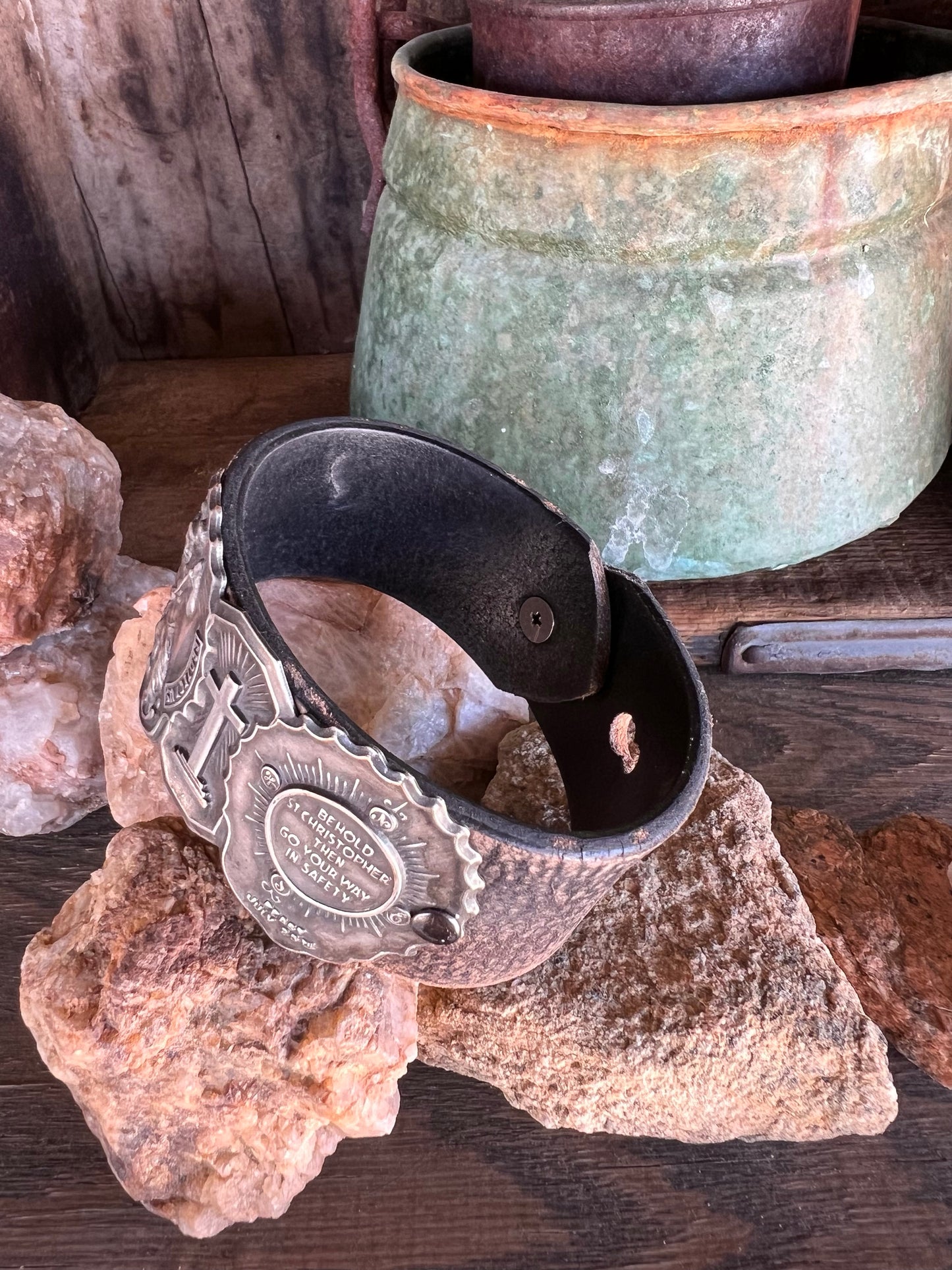 Dirty “Mojave Outlaw Cuffs” Vintage St Christopher Catholic Medal