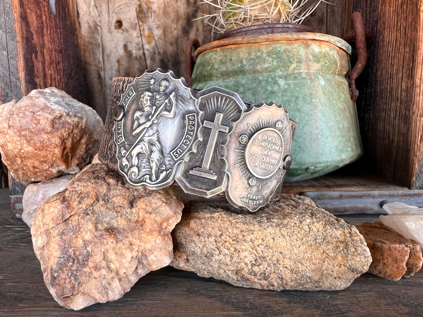 Dirty “Mojave Outlaw Cuffs” Vintage St Christopher Catholic Medal