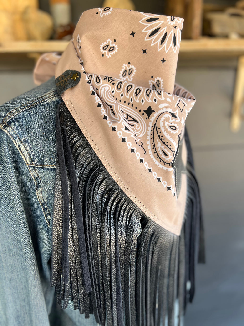 Desert Dusted Paisley Bandana Leather Black Fringe Star Collar