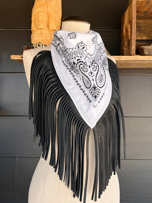 Desert Dusted Paisly Bandana Leather Black Fringe Collar