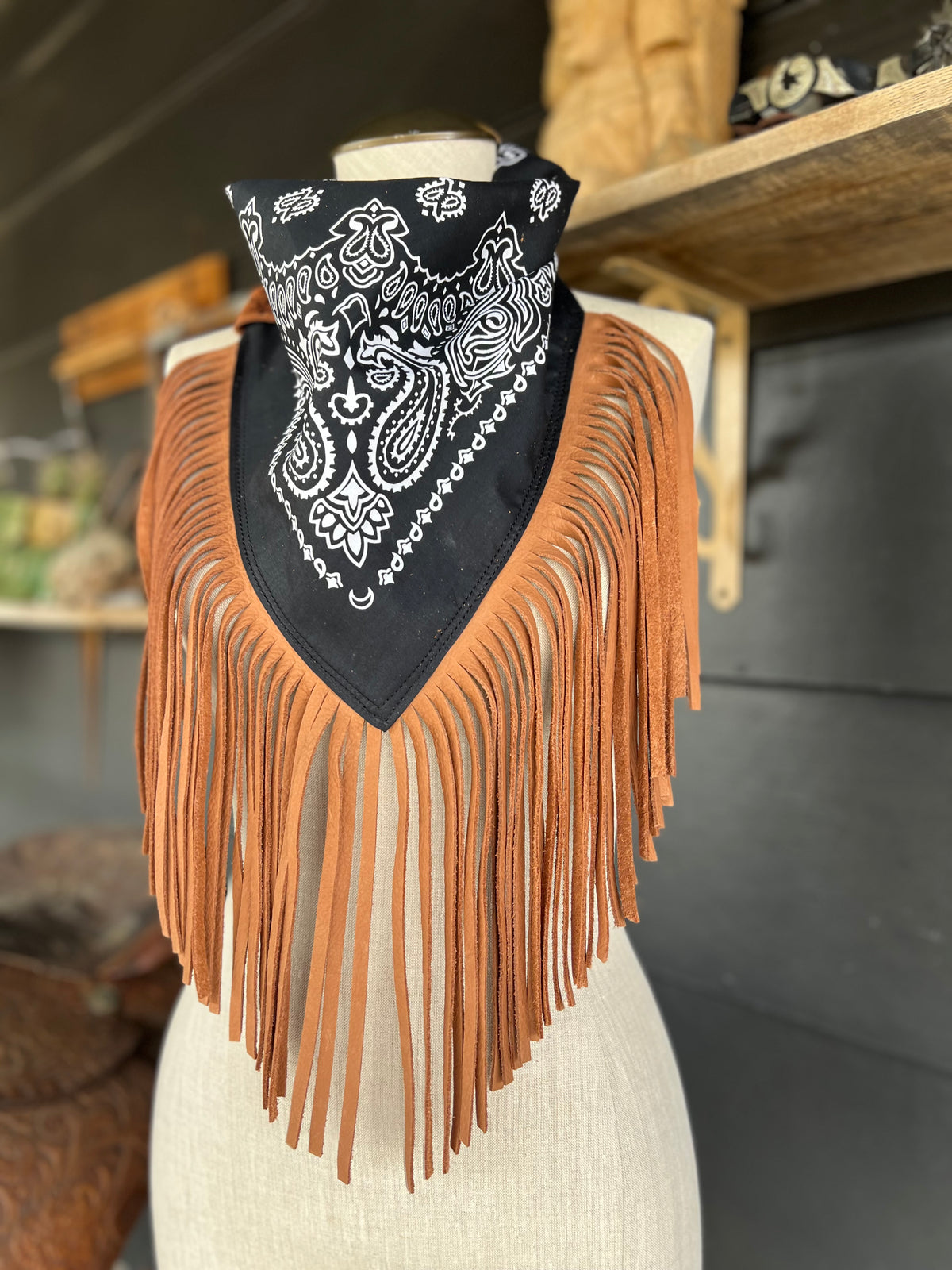 Mojave Drifter Black Paisley Bandana Leather Brown Fringe Collar