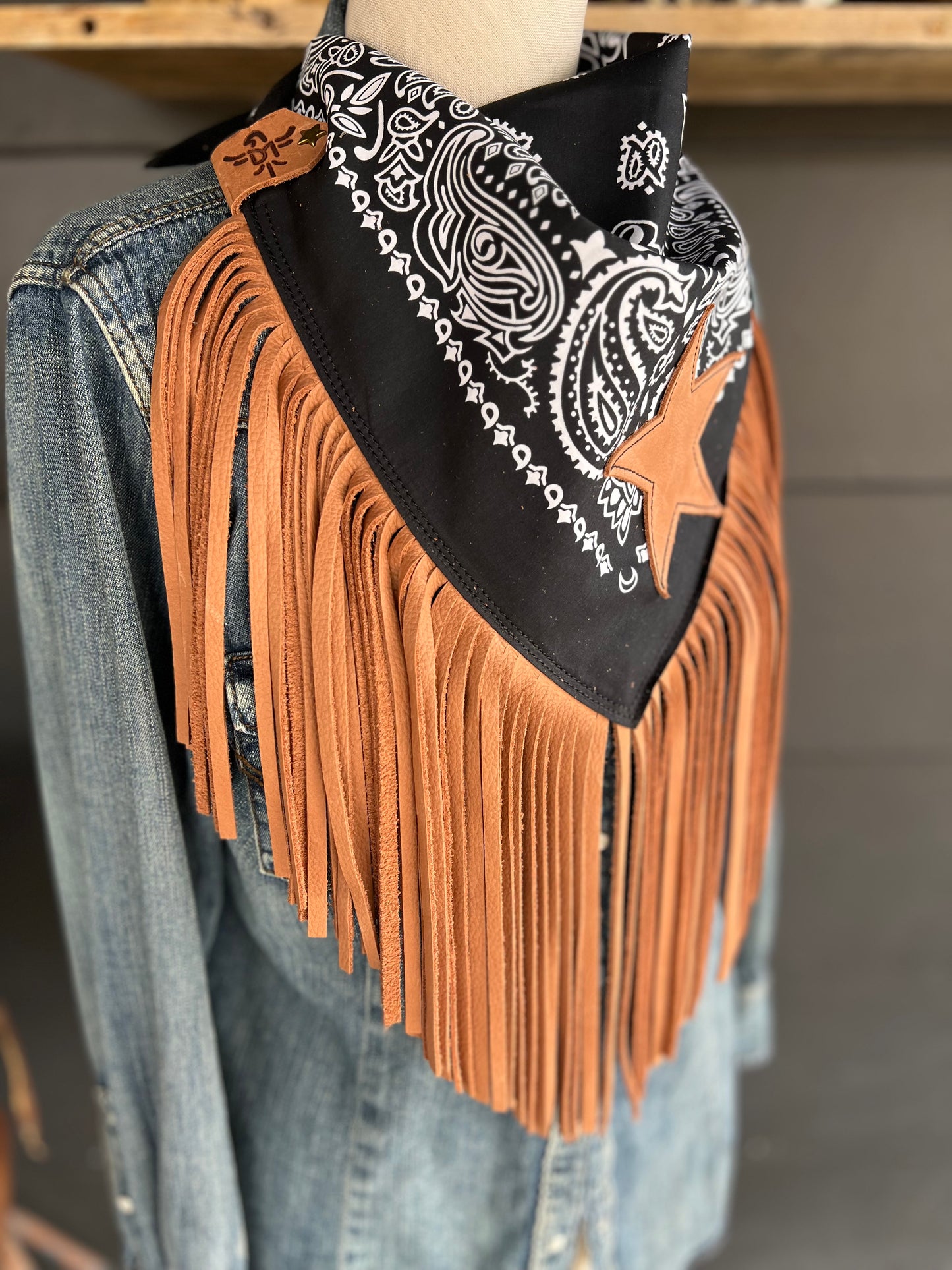 Desert Dusted Paisley Bandana Leather Brown Fringe Star Collar