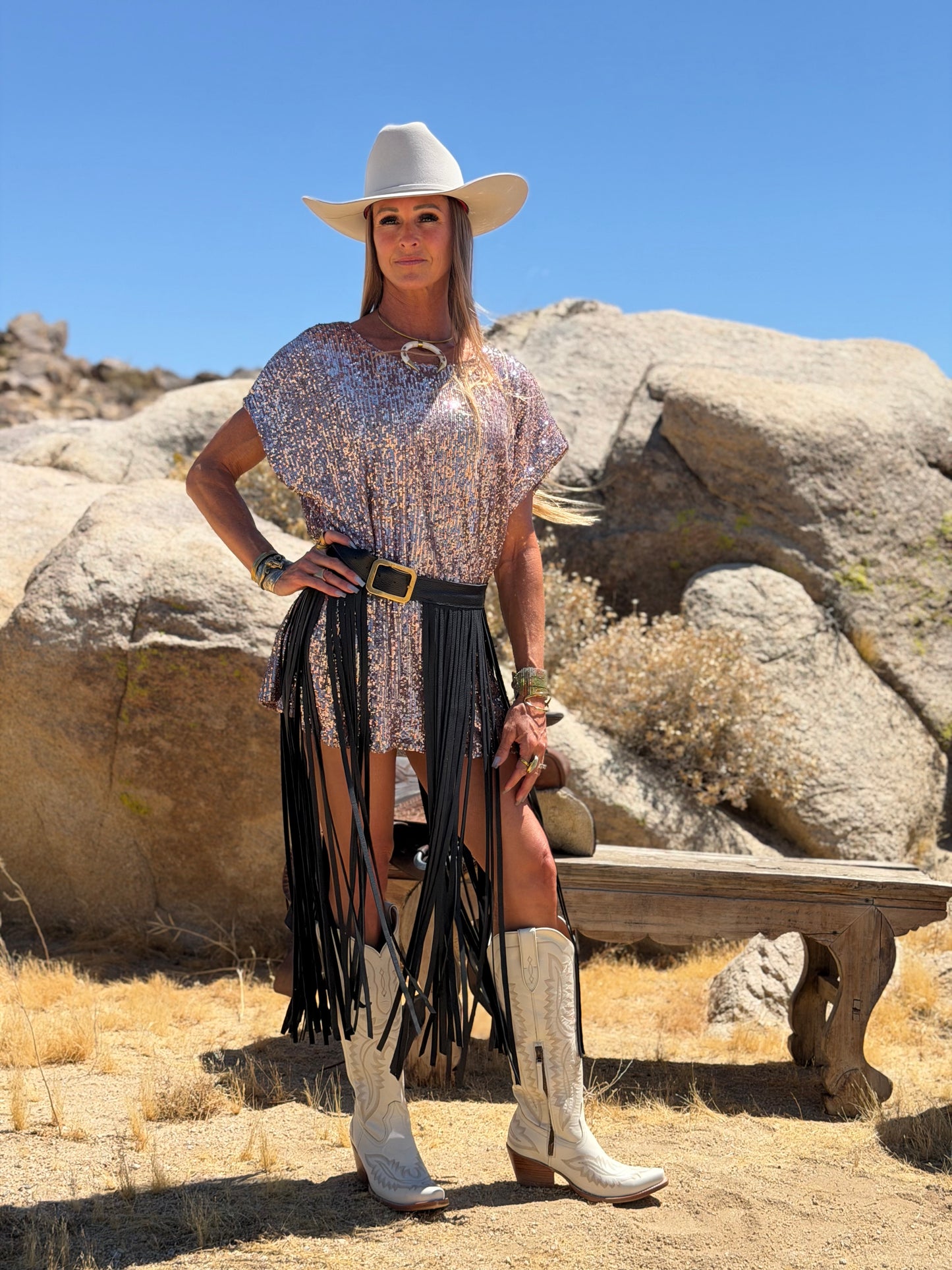 The Badlands Long Black Fringe Leather Skirt