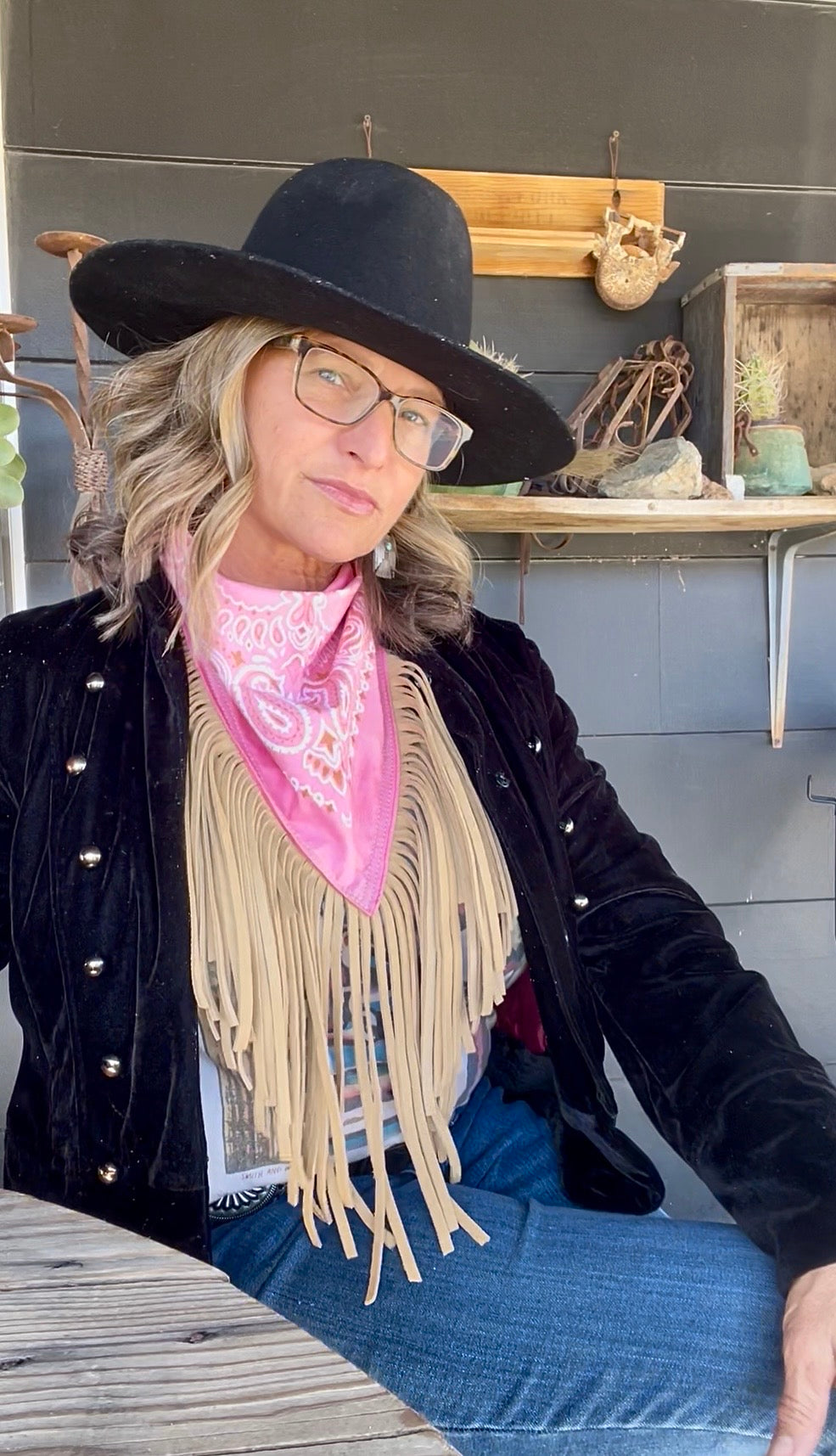 Desert Dusted Pink Bandana Tan Leather Fringe Collar