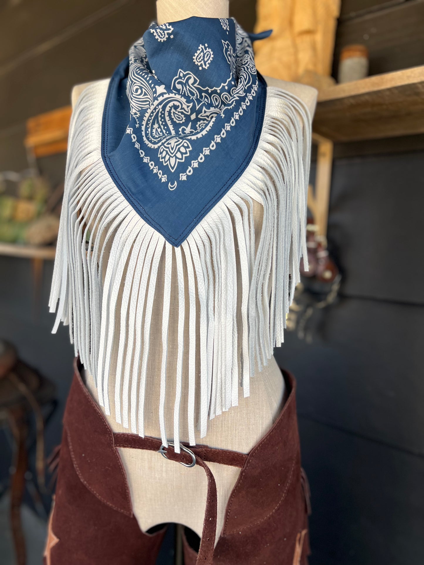 Desert Dusted Washed Blue Paisley Bandana Leather White Fringe Collar