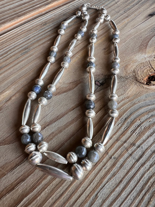 Navajo Vintage Double Strand  Sterling Silver & Labradorite Necklace
