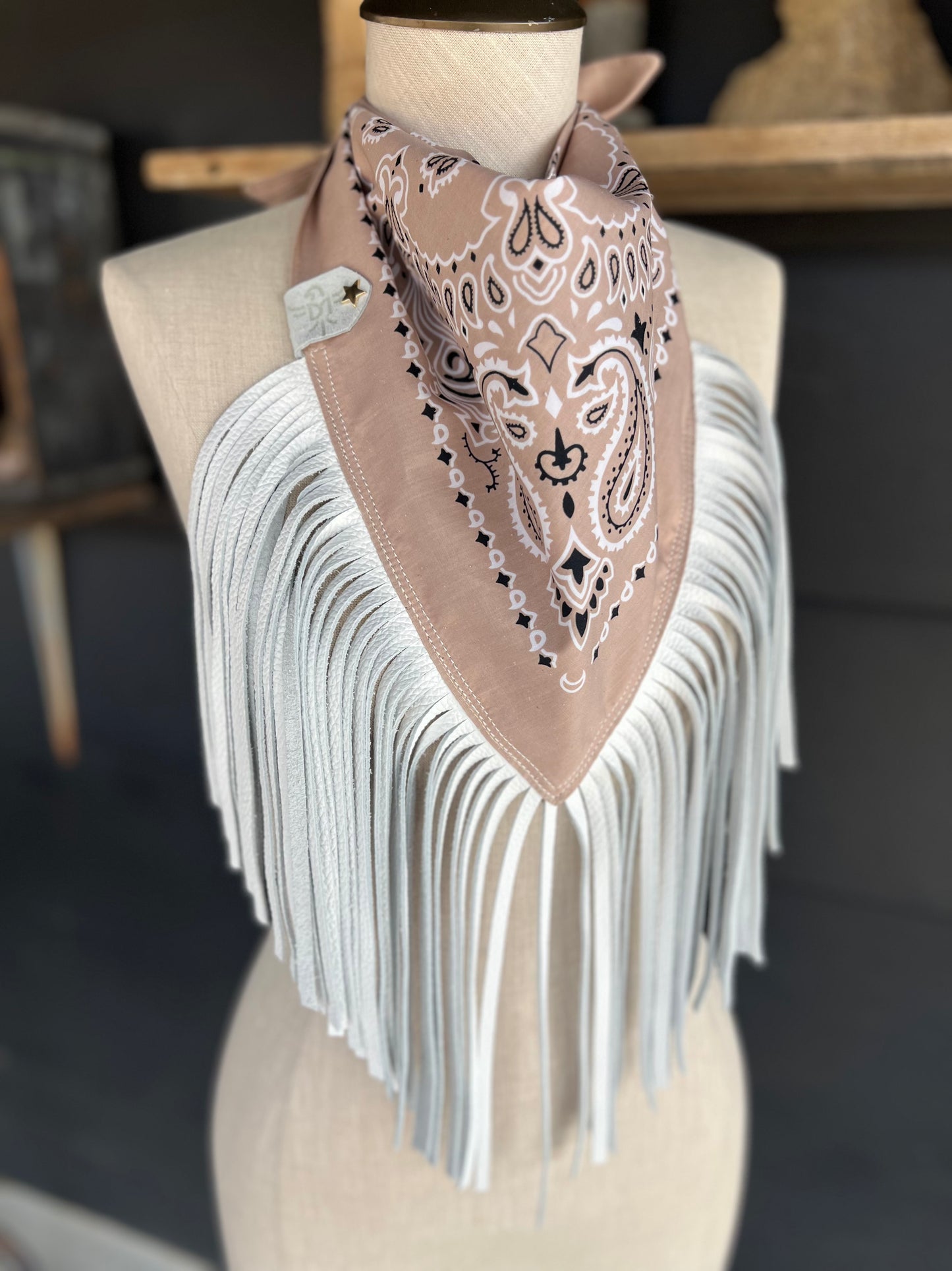 Desert Dusted Paisley Bandana Leather Fringe Collar