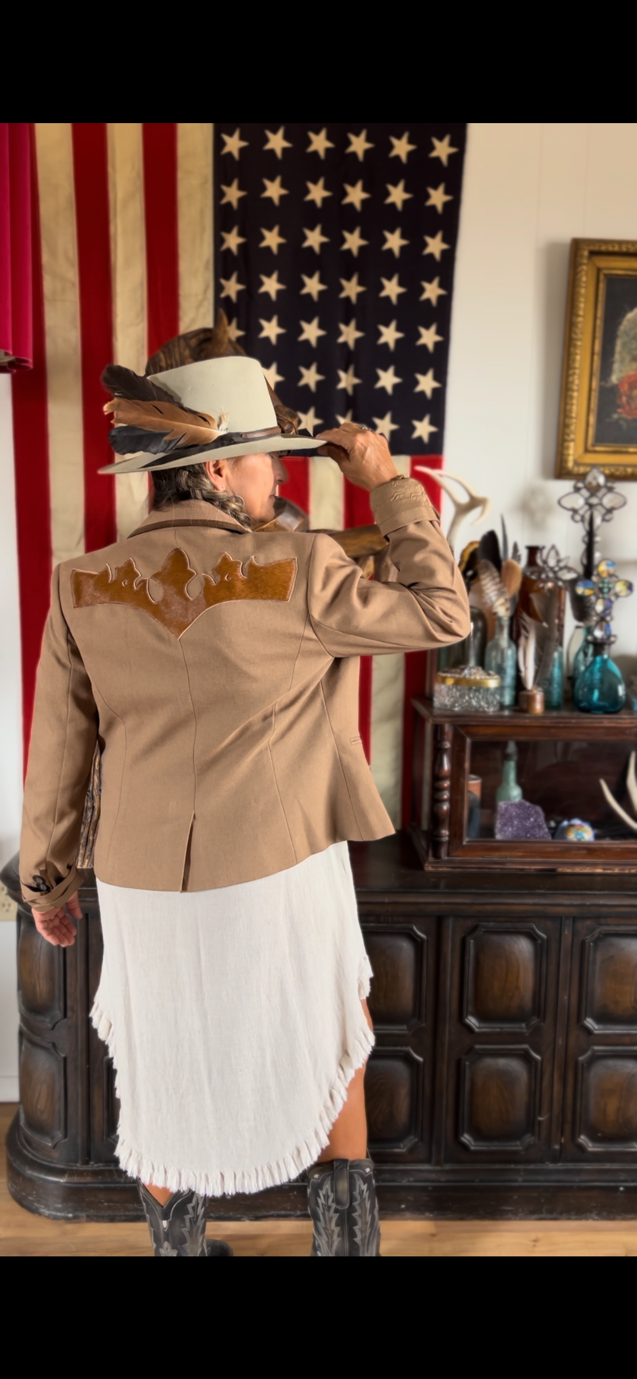 Tan Western I.E. Brand “DESERT BLAZER” with Ornate Leather Patchwork