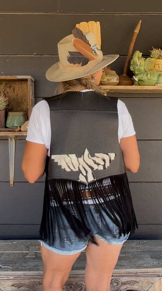 Dust Bowl Darling – Black Leather Vest with Cowhide Thunderbird & Fringe