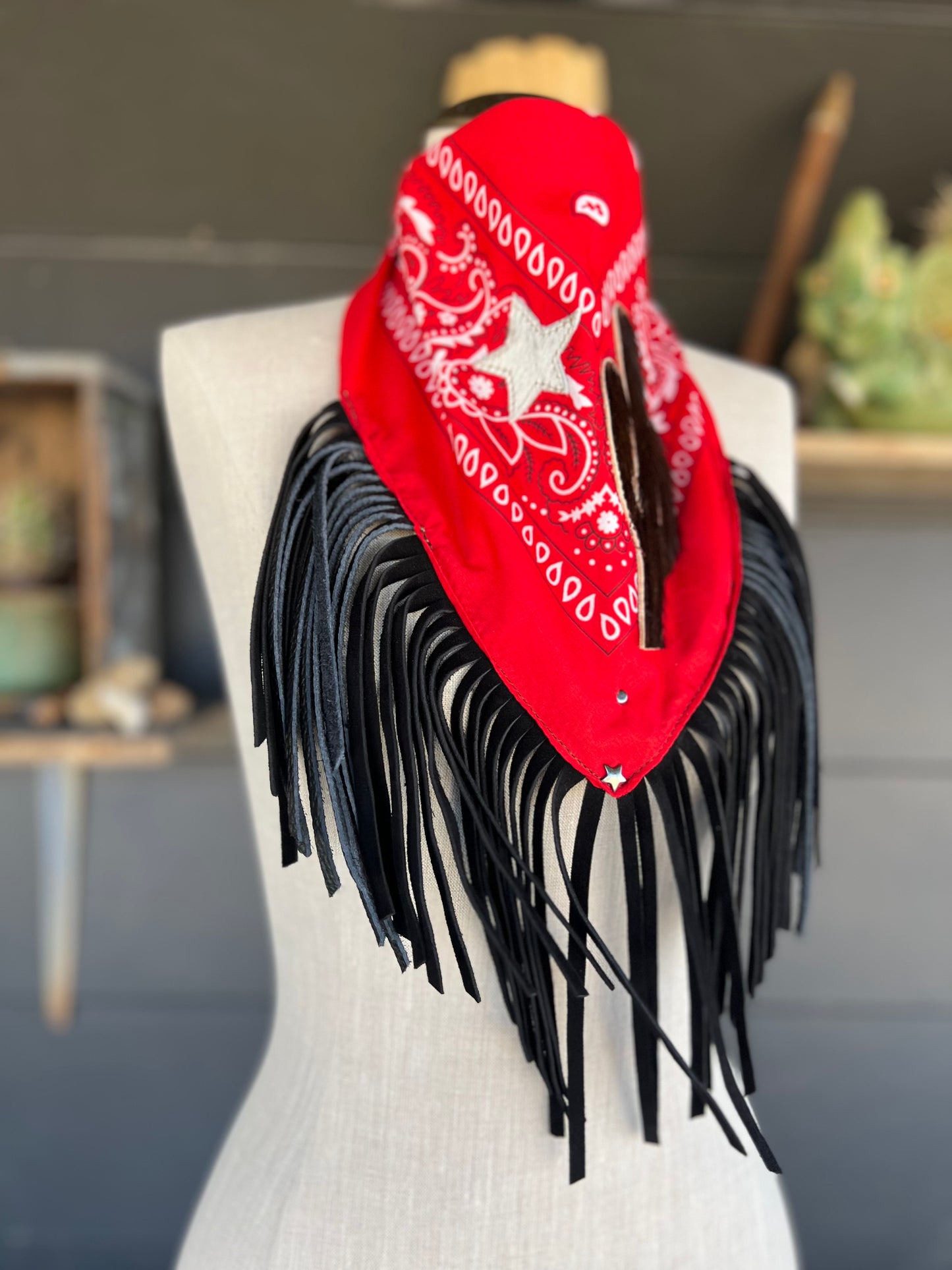 Desert Dusted Bandana Leather Fringe Collar Cactus and Star
