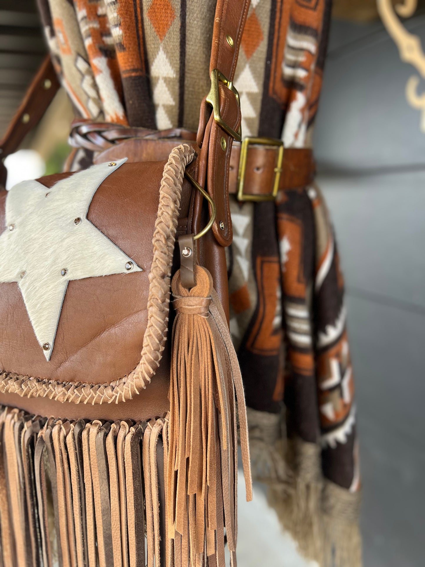 Vintage 90’s Coach Brown with Cream Star Western Fringe Crossbody Bag