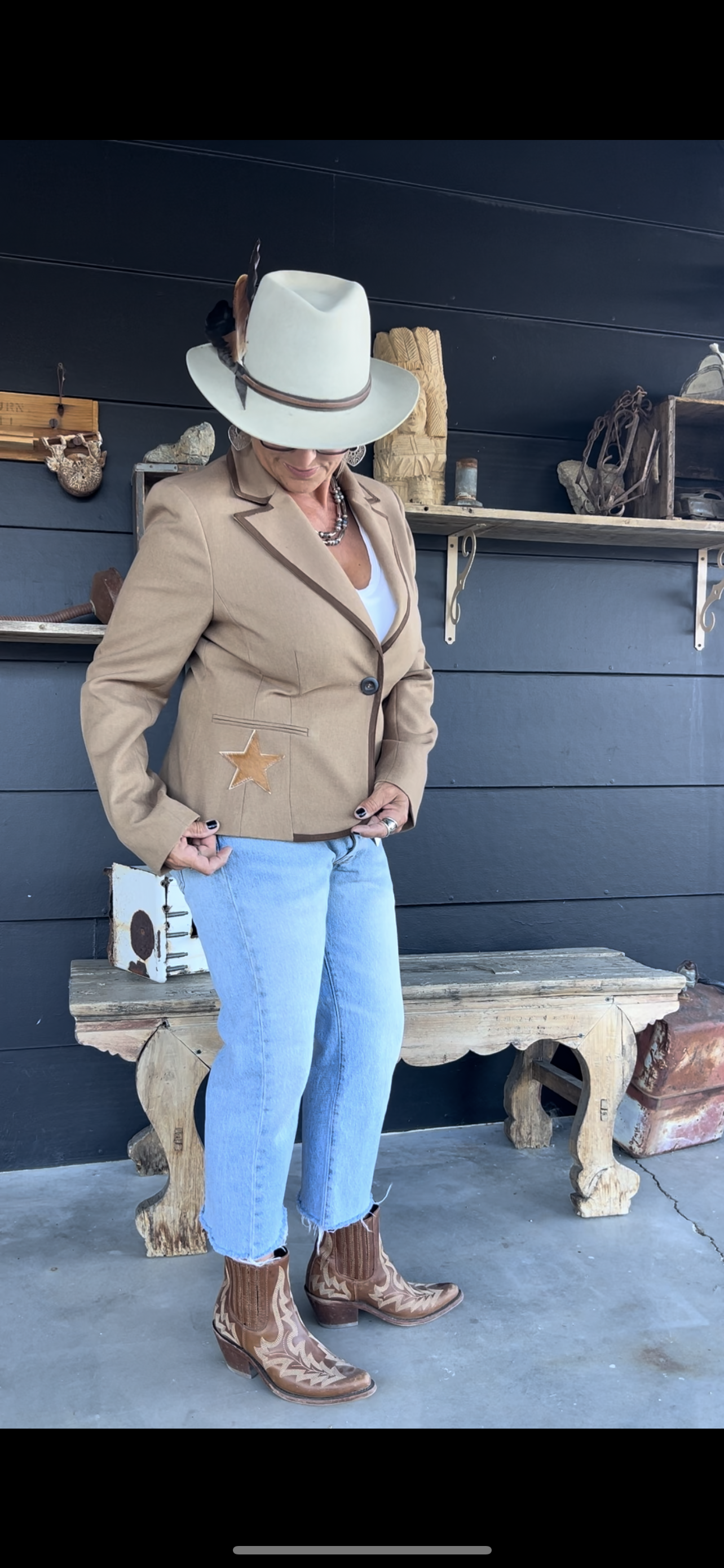 Tan Western I.E. Brand “DESERT BLAZER” with Ornate Leather Patchwork