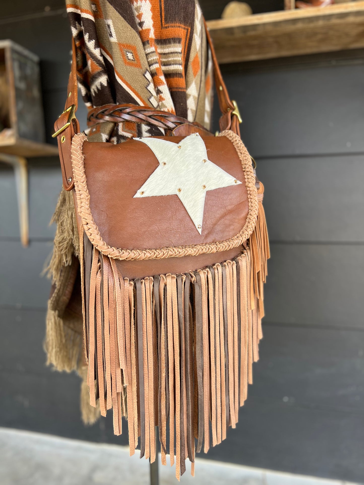 Vintage 90’s Coach Brown with Cream Star Western Fringe Crossbody Bag