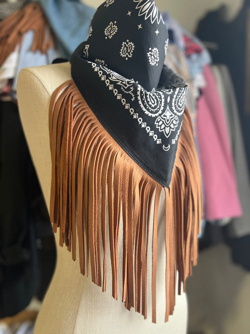 Desert Dusted Black Paisley Bandana Leather Brown Fringe Collar