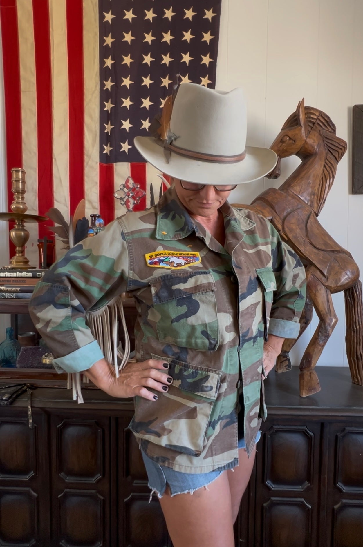 Salvaged Army Camo Fringe Jacket with Swiss Cross & Boys Scout patches