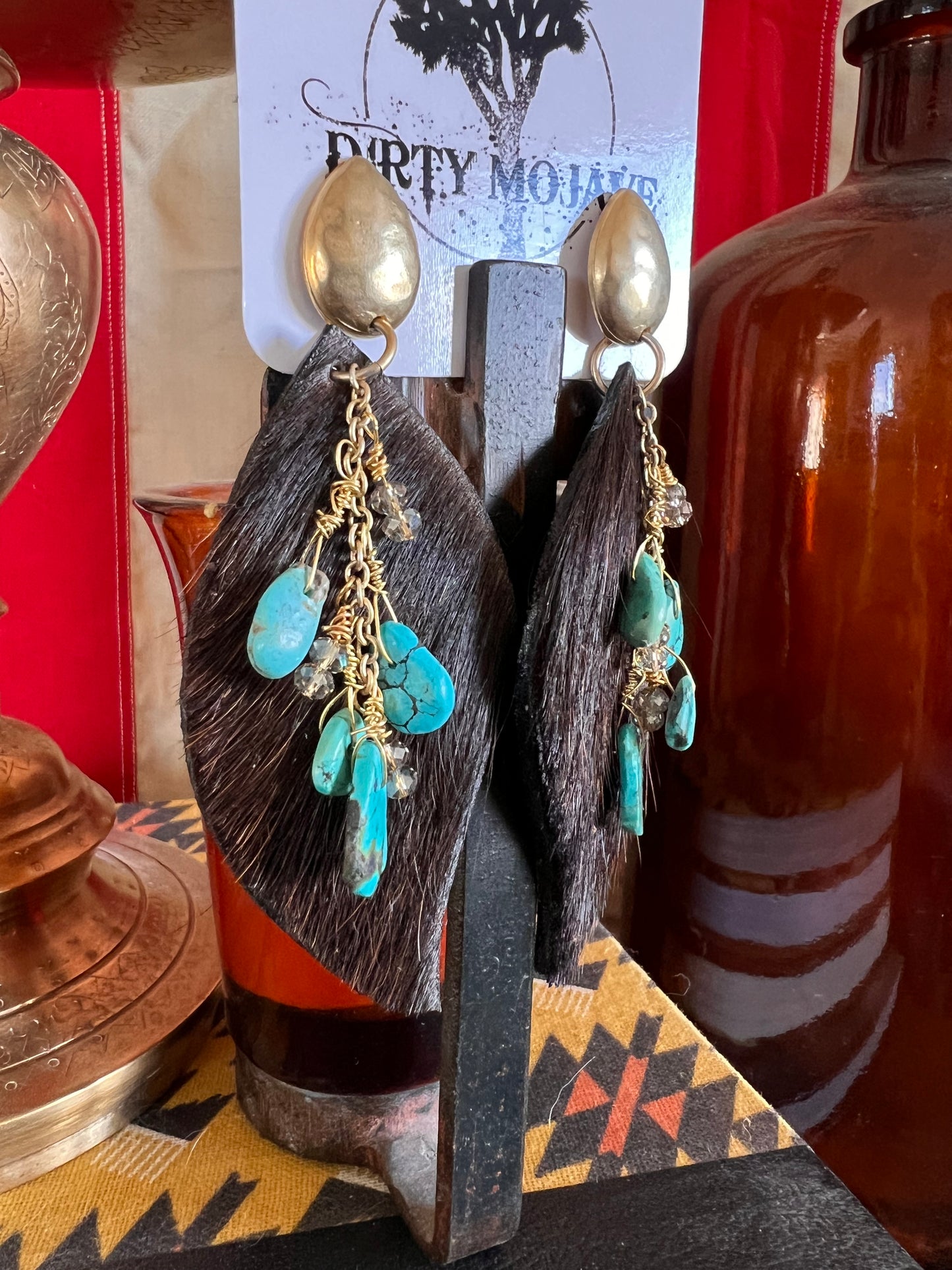 Leather Western Gold Dangle Turquoise Earrings