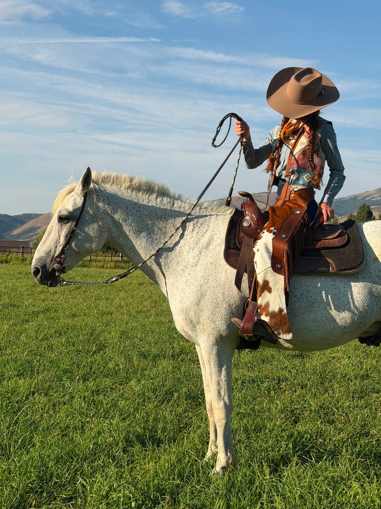 The Prairie Chaps — Spotted Cowhide Fringed Leather Chaps