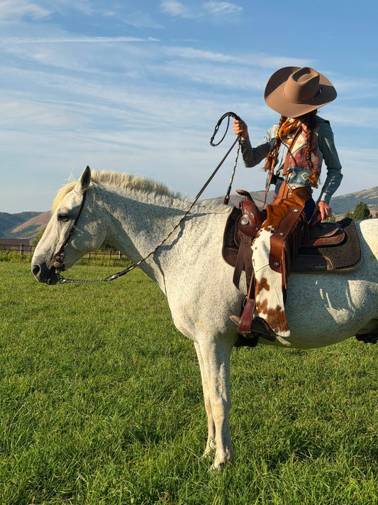 The Prairie Chaps — Spotted Cowhide Fringed Leather Chaps