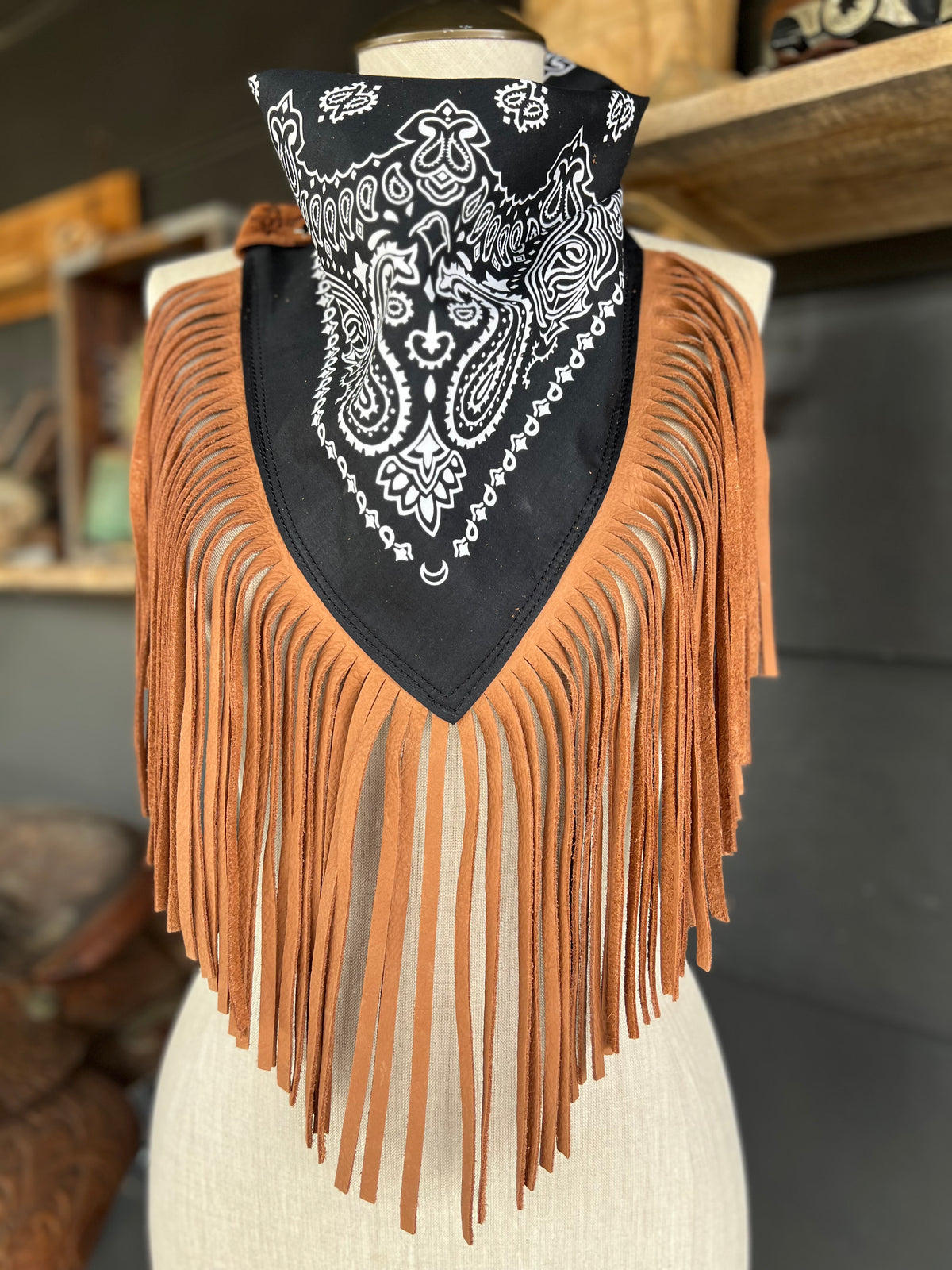 Mojave Drifter Black Paisley Bandana Leather Brown Fringe Collar