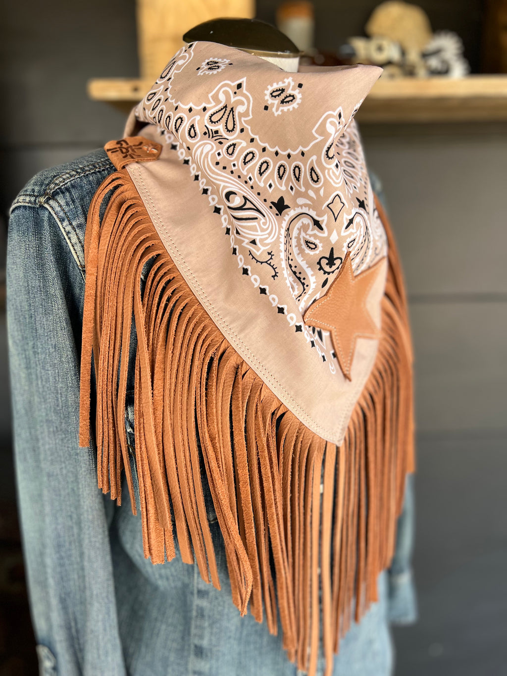 Desert Dusted Paisley Bandana Leather Black Fringe Star Collar