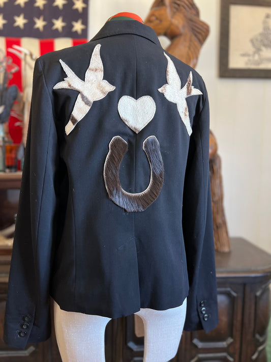 Black Lauren Conrad Brand “DESERT BLAZER” Cowhide Horseshoe Heart & Sparrows Leather Patchwork