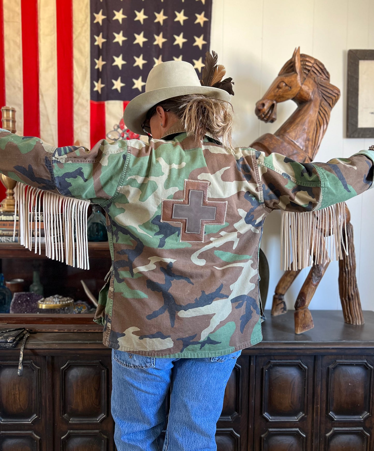 Salvaged Army Camo Fringe Jacket with Swiss Cross & Boys Scout patches