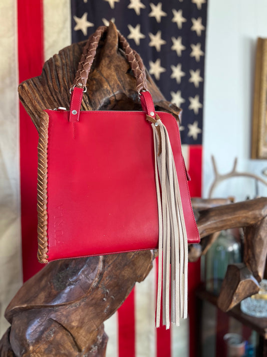 Vintage FURLA Red Leather Embellished Handbag