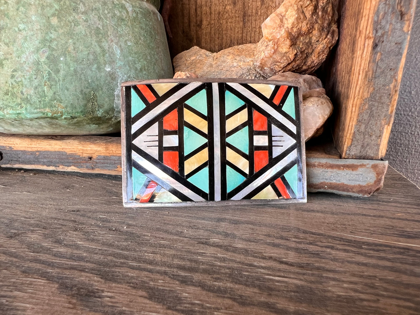 “Vintage Sterling Silver Southwestern Inlay Belt Buckle Signed SUE”