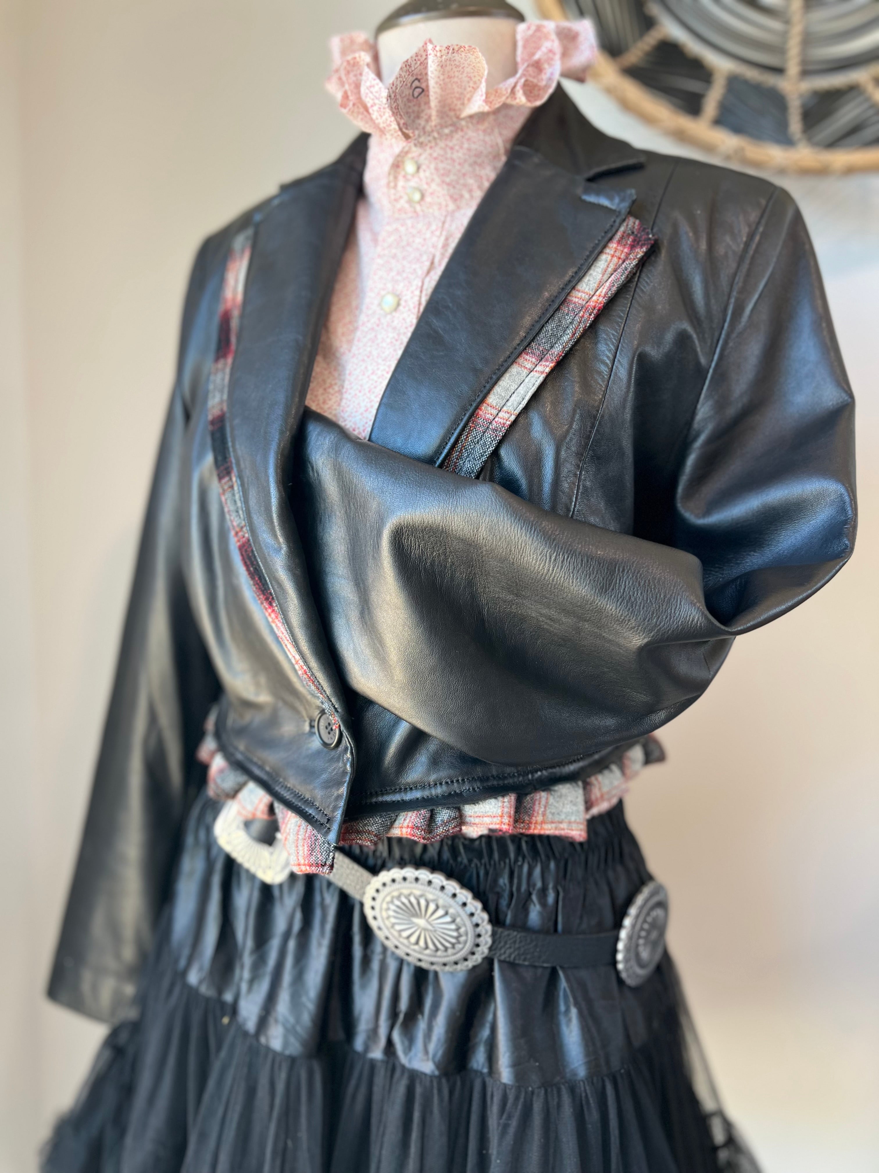 Dirty Mojave Desert Crop Black Leather Pendleton Trim Blazer