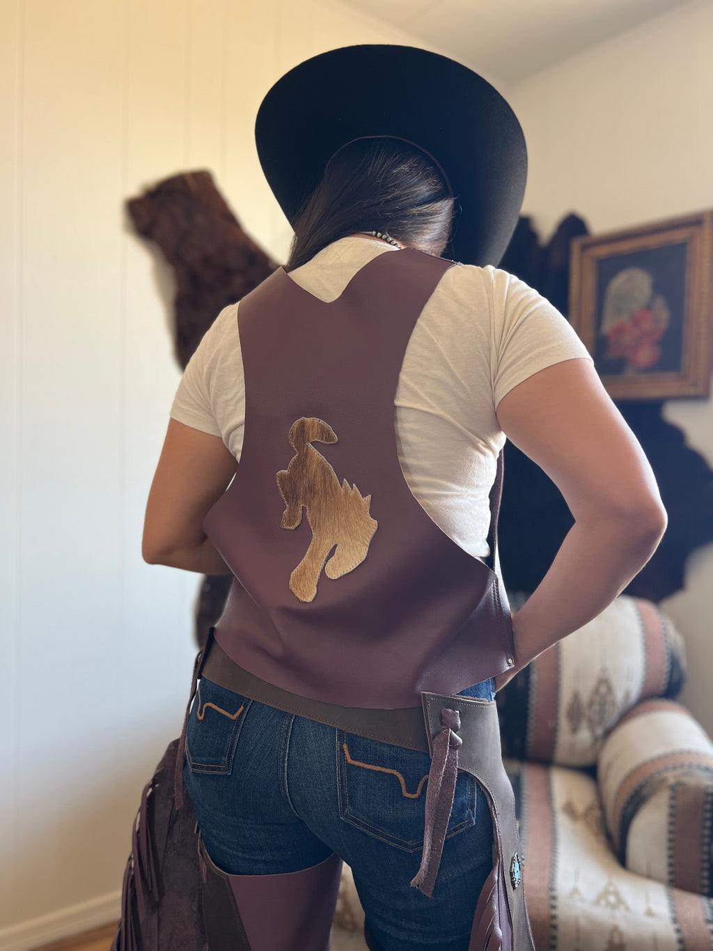 Wild Back Vests - Leather Fringe & Cowhide Statement - Bronco