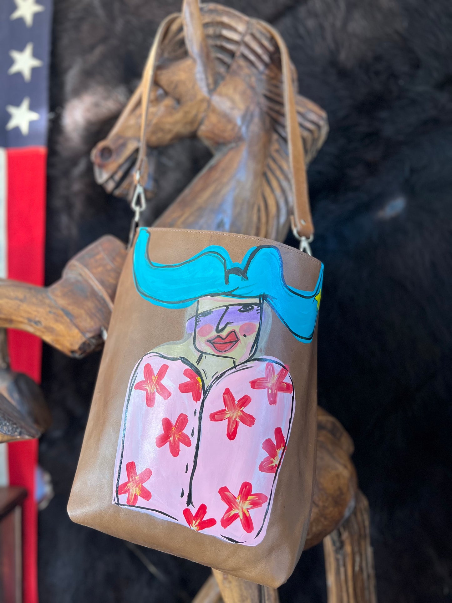 Hand-painted Custom Leather Handbag with Horse Print