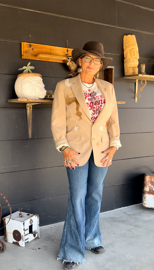 Tan Vintage Western Blazer Dirty Mojave Wedding Attire Wear Bespoke Leather Snake Stars Horse Rocker Patchwork