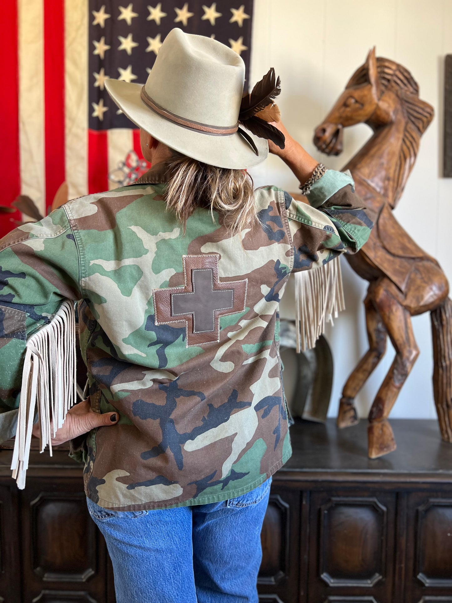 Salvaged Army Camo Fringe Jacket with Swiss Cross & Boys Scout patches